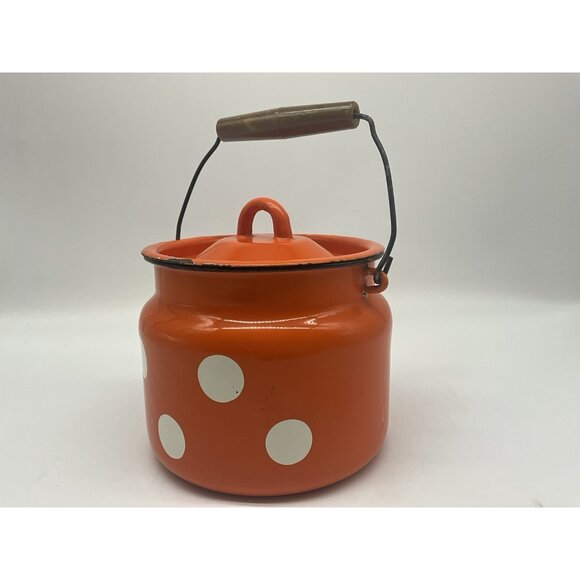 Enamel VTG  6 Inch High Mllk Can or Milk Churn Red/Orange w/White Polka Dots - Picture 4 of 16